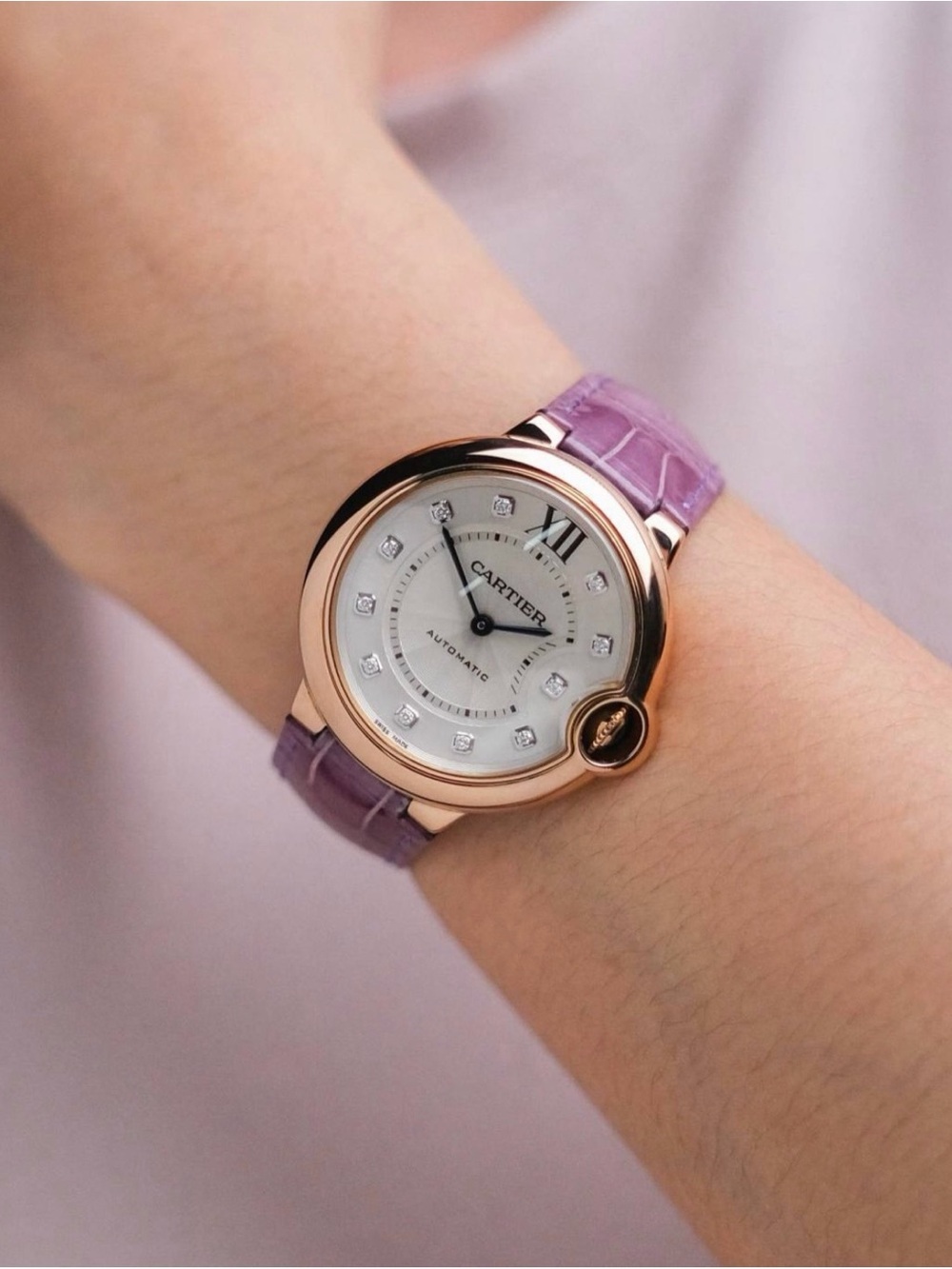 Cartier Rose Gold Watch with Lavender Strap
